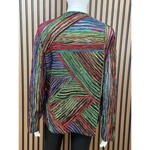 Laura Ashley Women's M Green Blazer Mesh Jacket VTG Grosgrain Funky Artsy Stripe - Picture 2 of 6
